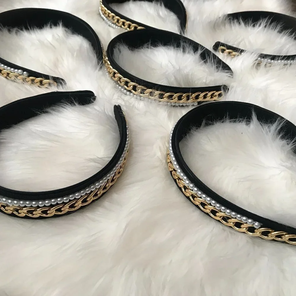 J. ELISE BOUTIQUE NEW TRENDY VELVET Black Gold Chain Pearl Fashion Headband